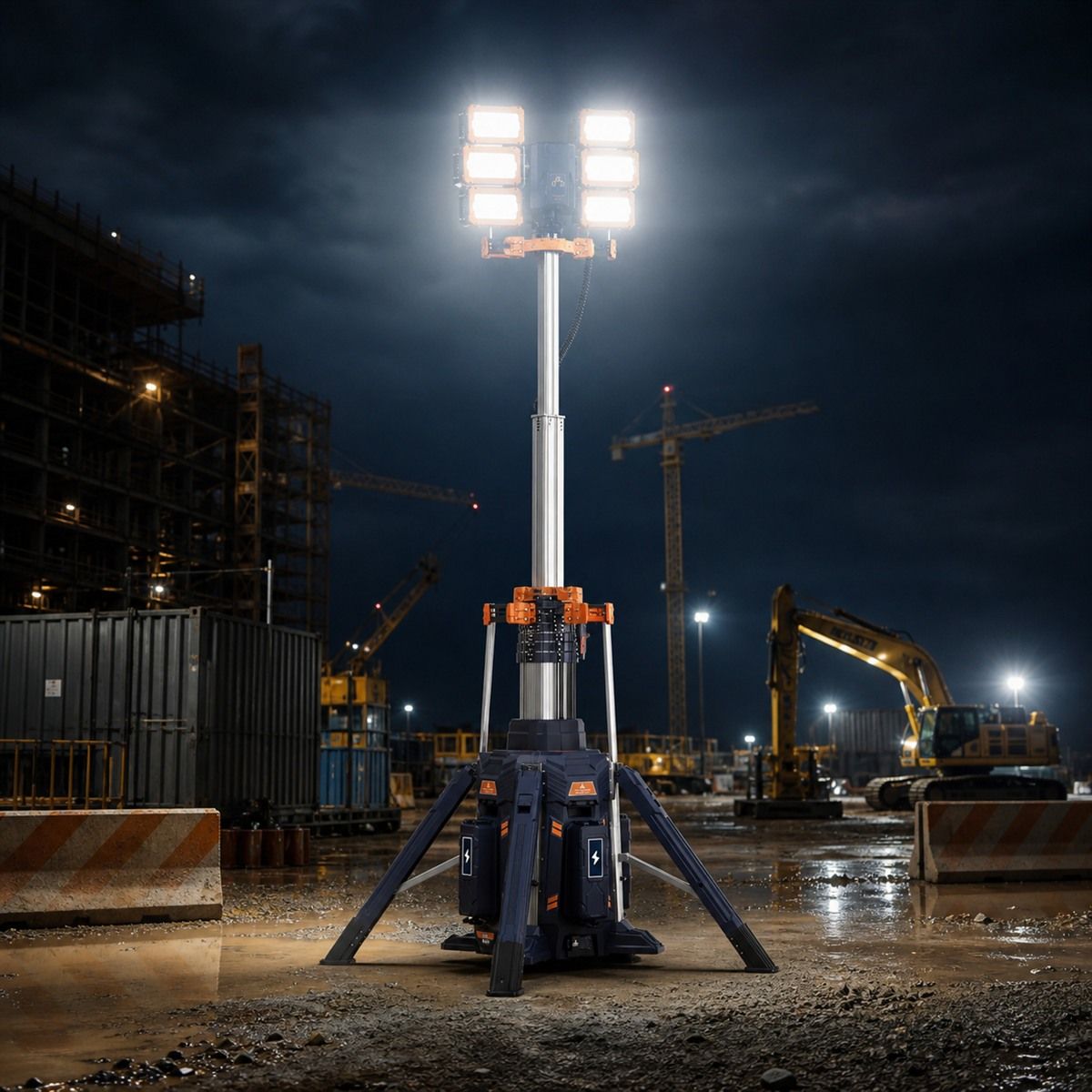 Mobile light tower TL-600 illuminating a night construction site