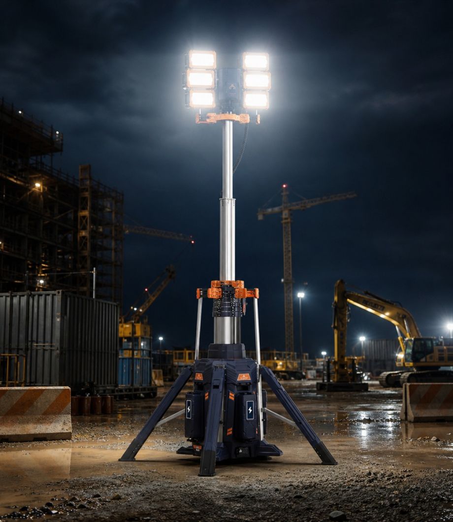Mobile light tower TL-600 illuminating a night construction site