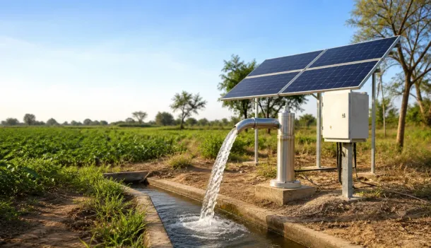 Off-grid solar water pumping system supplying irrigation water
