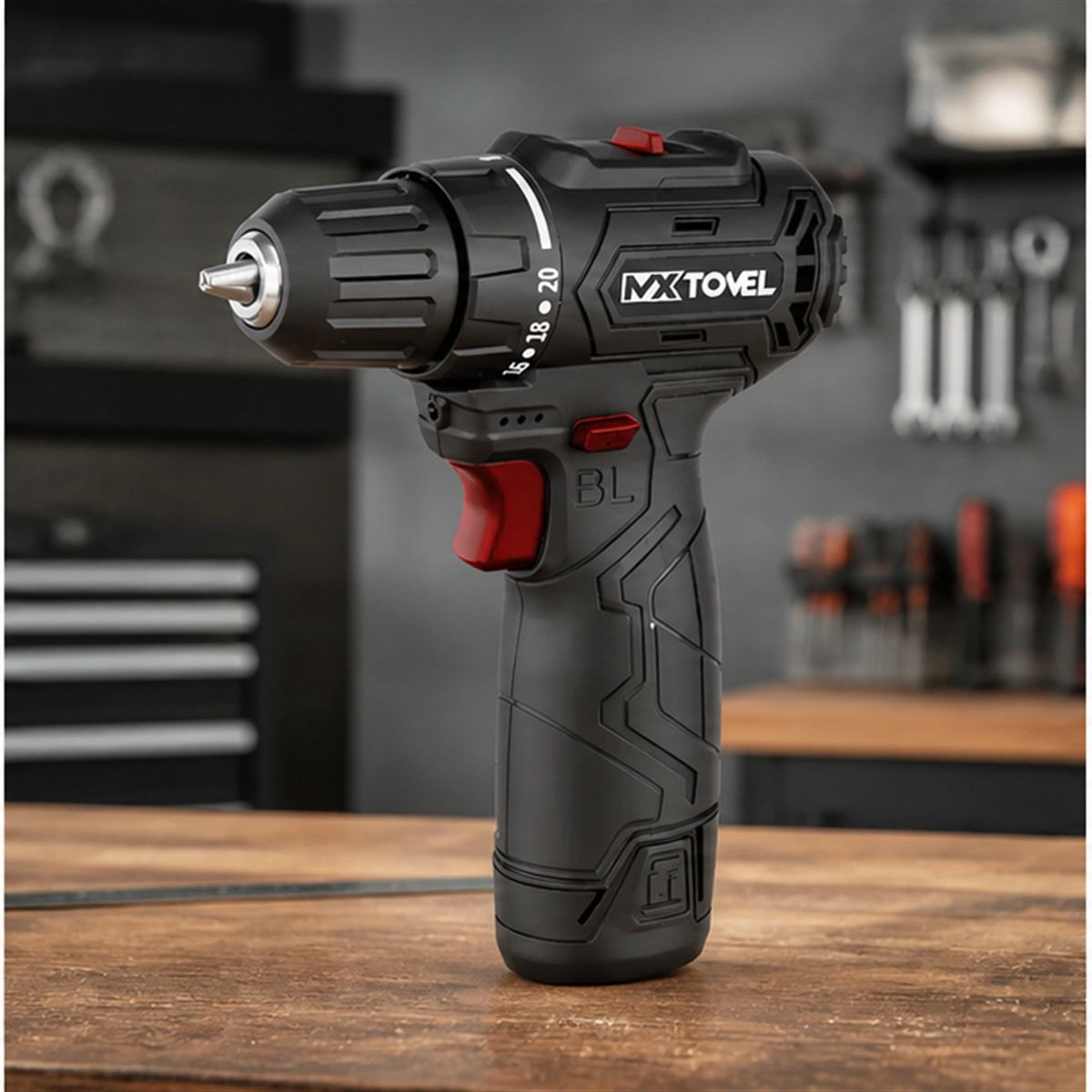 MXTOVEL MT-SD12BL cordless drill on a professional workshop bench